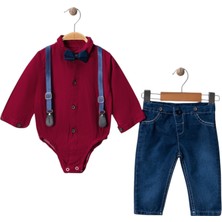 Ballı Kids Erkek Bebek Bayramlık Takım 4 Parça Papyonlu Askılı Gömlek Body Kot Pantolon Set (6-18 Ay)