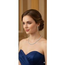 Klc Takı Kadın Gümüş Renk Model Su Yolu Zirkon Taşlı Kolye Küpe Bileklik Seti