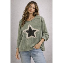 Erimeks Kadın Yıldız Taş Baskılı Zincir Detaylı Sweatshırt