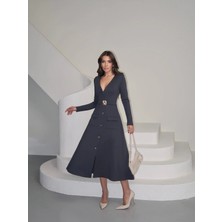 Paw Garage Kadın Sole Modal Kumaş Çift Cepli Ön Tokalı Uzun Kollu Elbise