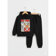 Erkek Çocuk Karakterli Kapüşonlu Siyah Eşofman Takımı