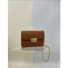 Addy Karamel Çizgili Desenli Gold Zincir Askılı Portföy Omuz ve El Çantası E19B13