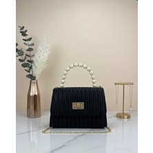 Addy Siyah Çizgili Desenli Incili Gold Zincir Askılı Portföy Omuz ve El Çantası E18 B12