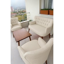 Azra Mobilya - Roma Çay Seti Koltuk Takımı - Keten Kumaş - Ahşap Ayak - Krem