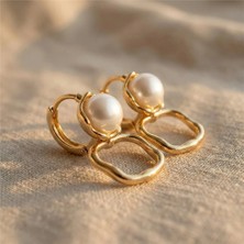 Zeino İncili Kare Halka Küpe 14K Altın Kaplama - 2 cm