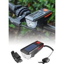 Omilife Su Geçirmez Güneş Enerjili LED Işıklı Bisiklet Farı - Kornalı USB ile Şarj Edilebilir Fener - 11 cm