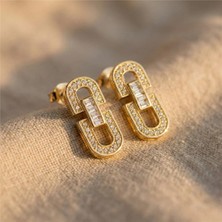 Zeino Link Form Baget Detaylı Zirkon Taşlı Çelik Küpe 14K Altın Rengi Kaplama, 1,9 cm