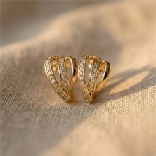 Zeino Zirkon Taşlı Tasarım Çelik Küpe 14K Altın Kaplama - 16 mm