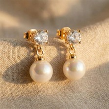 Zeino Tek Taş Detaylı Sallantılı Inci Küpe Çelik 14K Altın Rengi, 1 cm Çap