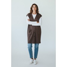 Ece Giyim Kadın Vizon  Büyük Beden Uzun Düğmeli Yelek