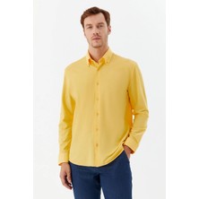Sabri Özel Erkek Sarı Dar Kesim Slim Fit Pamuklu Düz Örme Uzun Kollu Düğmeli Yaka Gömlek