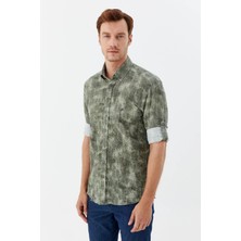 Sabri Özel Erkek Haki Slim Fit %100 Pamuk Baskılı Düğmeli Yaka Gömlek