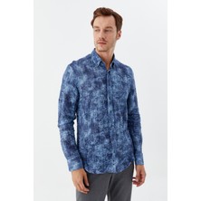 Sabri Özel Erkek Indigo Slim Fit Gömlek – Uzun Kollu, Baskılı