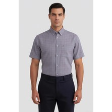 Sabri Özel Erkek Kahve Kısa Kollu Ekose Desenli Pamuk Gömlek – Düğmeli Yaka, Regular Fit