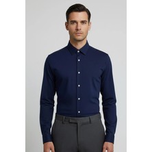Sabri Özel Giotelli Erkek Lacivert Dar Kesim Slim Fit %100 Pamuk Örme Uzun Kollu Klasik Yaka Gömlek