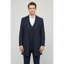 Giotelli Erkek Lacivert Dar Kesim Slim Fit Viskon Ekose Mono Yaka Dokuma Çift Yırtmaçlı Kemerli Bel Tam Astarlı 6 Drop 5'li Erkek Takım Elbise