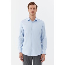 Sabri Özel Erkek Açık Mavi Dar Kesim Slim Fit Dokuma Çizgili Klasik Yaka Gömlek