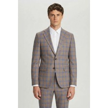 Sabri Özel Giotelli Vizon Slim Fit Mono Yaka Ekose Desenli Yelekli Takım Elbise