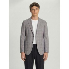 Sabri Özel Gri Slim Fit Pamuklu Mono Yaka Kareli Casual Ceket