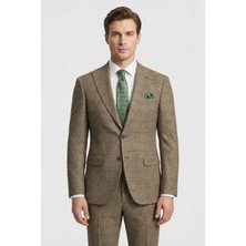 Sabri Özel Giotelli Erkek Camel Rahat Kesim Comfort Fit Viskon Ekose Mono Yaka Lastikli Bel Duble Paça Tam Astarlı 6 Drop Takım Elbise