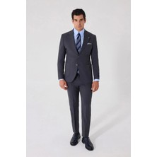 Sabri Özel Erkek Gri Dar Kesim Slim Fit %100 Yün Mono Yaka Çizgili Çift Yırtmaçlı 6 Drop Takım Elbise