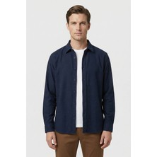 Sabri Özel Lacivert Regular Fit Pamuklu Uzun Kollu Düz Polo Yaka Erkek Oduncu Gömlek