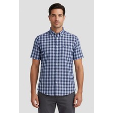 Sabri Özel Kısa Kollu Ekose Desenli Pamuk Gömlek Lacivert