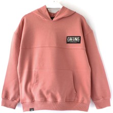 DobaKids Ipeksi Yumuşak Dokulu Fırçalı 2 Iplik Arkası Baskılı Erkek Çocuk Kapüşonlu Düz Renk Hoodie Somon