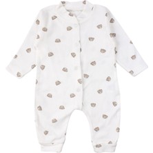 by BebekOdam Unisex Ekru Kahve Ayılı Desenli Fitilli Manşetli Tulum - 1016481