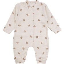 by BebekOdam Unisex Ekru Bej Ayılı Desenli Fitilli Manşetli Tulum - 1016482