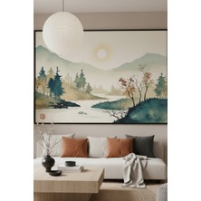 Safir Design Uzak Doğu Esintili Dağ ve Nehir Manzaralı Panoramik Çerçeveli Tablo