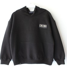 DobaKids Ipeksi Yumuşak Dokulu Fırçalı 2 Iplik Arkası Baskılı Erkek Çocuk Kapüşonlu Düz Renk Hoodie Siyah