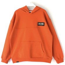 DobaKids Ipeksi Yumuşak Dokulu Fırçalı 2 Iplik Arkası Baskılı Erkek Çocuk Kapüşonlu Düz Renk Hoodie Turuncu