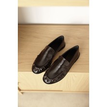 Lutvelizade Loafer 2517 - Klasik Deri Görünümlü Oval Burun Acı Kahve Kadın Loafer