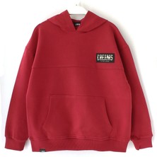 DobaKids Ipeksi Yumuşak Dokulu Fırçalı 2 Iplik Arkası Baskılı Erkek Çocuk Kapüşonlu Düz Renk Hoodie Kırmızı