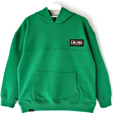 DobaKids Ipeksi Yumuşak Dokulu Fırçalı 2 Iplik Arkası Baskılı Erkek Çocuk Kapüşonlu Düz Renk Hoodie Yeşil