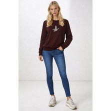Club Kadın Sweatshirt Uzun Kollu Modal Kumaş Rahat Yumşak Esnek Yeni Sezon Taş Işlemeli