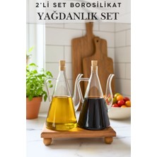 Penthouse 2'li 500ML Mantar Kapaklı Şeffaf Cam Yağdanlık + Yükseltici Cam Zeytinyağı ve Sirkelik Şişesi