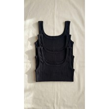 Underwear Bodyway 3'lü Siyah Fitilli Yarım Atlet Crop Seti - Pamuklu Kalın Askılı Esnek Sporcu Büstiyer Paketi