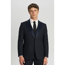 Sabri Özel Giotelli Erkek Lacivert Dar Kesim Slim Fit Viskon Sivri Yaka Fleto Kapaklı Cep Çift Yırtmaçlı Tam Astarlı 6 Drop Yelekli Smokin Takım Elbise