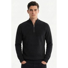 Sabri Özel Siyah Slim Fit Fermuarlı Yarım Balıkçı Yaka Triko Kazak