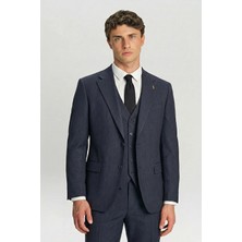 Sabri Özel Giotelli Erkek Lacivert Dar Kesim Slim Fit Viskon Çizgili Mono Yaka Çift Yırtmaçlı Tam Astarlı 6 Drop Yelekli Takım Elbise