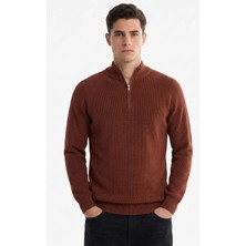 Sabri Özel Kiremit Slim Fit Dokulu Fermuarlı Yarım Balıkçı Yaka Erkek Triko Kazak