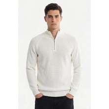 Sabri Özel Ekru Slim Fit Fermuarlı Yarım Balıkçı Yaka Triko Kazak