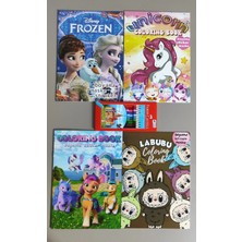 Ada Çanta Kırtasiye 4 Adet Stickerli Boyama Kitabı ve 12'li F.c. Kuru Boya Kalemi (Frozen/unicorns/ponny/labubu)