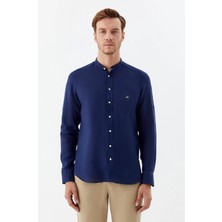 Sabri Özel Lacivert Hakim Yaka Regular Fit Keten Erkek Gömlek