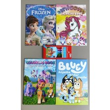 Ada Çanta Kırtasiye 4 Adet Stickerli Boyama Kitabı ve 12'li F.c. Kuru Boya Kalemi (Frozen/unicorns/ponny/bluey)