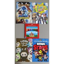 Ada Çanta Kırtasiye 4 Adet Stickerli Boyama Kitabı ve 24'lü F.c.kuru Boya Kalemi (Roblox/sonic3/brawlstars/labubu)