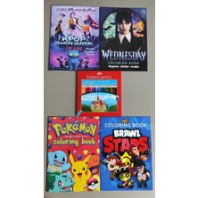 Ada Çanta Kırtasiye 4 Adet Stickerli Boyama Kitabı ve 24'lü F.c.kuru Boya Kalemi (Kpop/wednesday/pocemon/brawlstars)