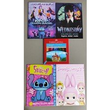 Ada Çanta Kırtasiye 4 Adet Stickerli Boyama Kitabı ve 24'lü F.c.kuru Boya Kalemi (Kpop/wednesday/sonnyangel/stitch)